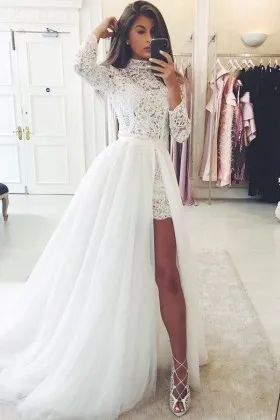 Long Sleeve Lace Tulle Overskirt Informal Bridal Dress