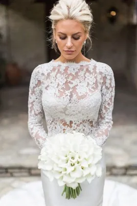 sheer lace satin two piece long mermaid wedding dress