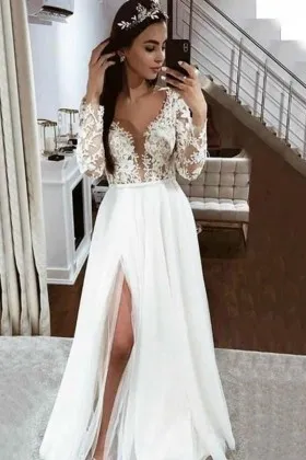 illusion lace tulle long sleeve high slit bridal gown