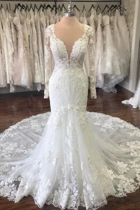 Plunging V-Neck Sleeve Wedding Dress Long Lace Mermaid Gown