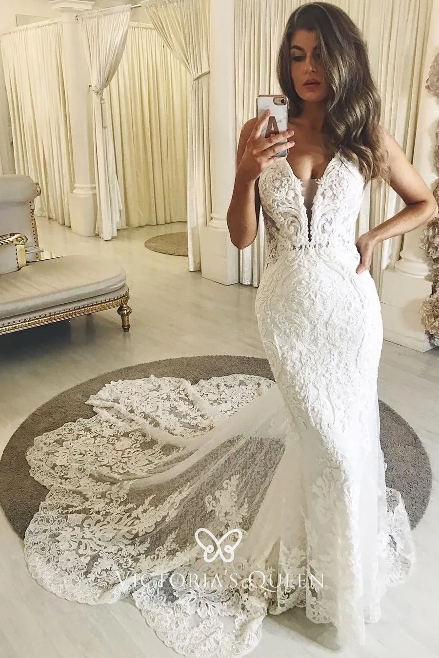 plunging neck ivory lace mermaid vintage wedding dress