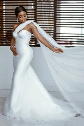 unique one shoulder satin tulle mermaid wedding dress
