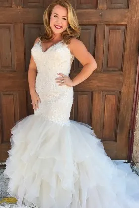 plus size lace ruffled organza mermaid wedding dress