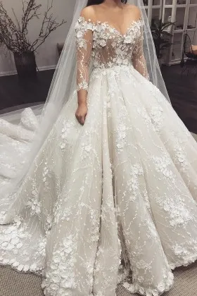 flowers appliqued sheer bodice sleeved wedding ballgown