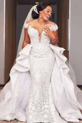 off shoulder lace mermaid wedding dress with overskirt