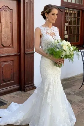 sleeveless ivory lace mermaid fall rustic wedding dress