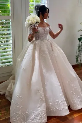 off shoulder short sleeves floral lace wedding ballgown