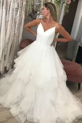 V neckline spaghetti straps ruffled tulle wedding dress