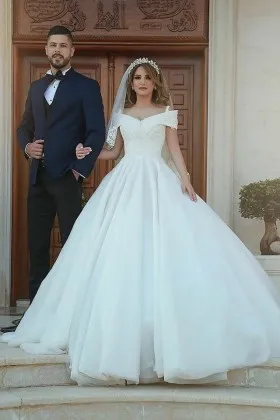 cold shoulder white lace tulle princess wedding dress