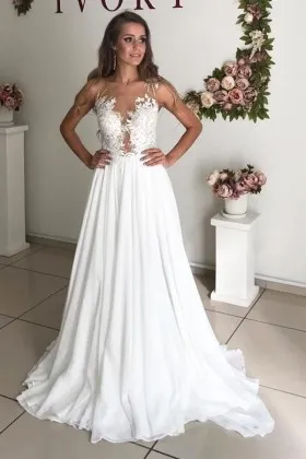 one shoulder illusion neck lace chiffon wedding dress