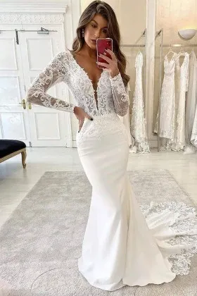 plunging neck long sleeves lace satin wedding dress