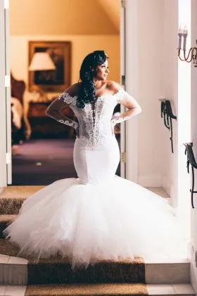 off shoulder sheer long sleeve trumpet wedding dress