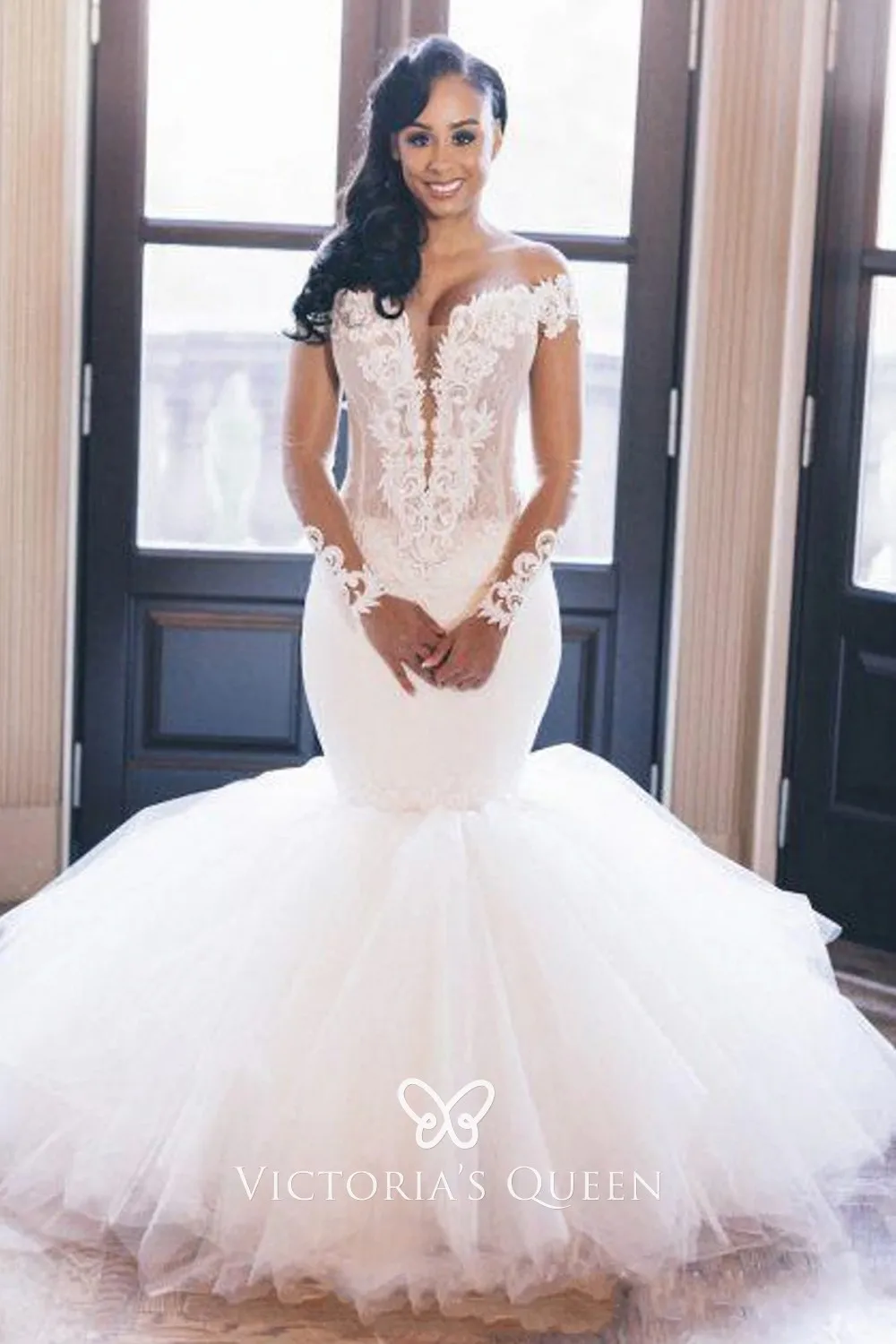 Sheer Long Sleeve Trumpet Wedding Dress 