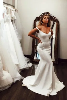 off shoulder ivory satin mermaid simple wedding dress