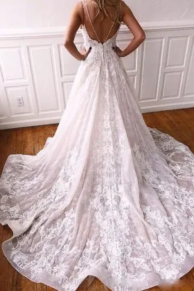 spaghetti straps ivory lace chapel train wedding dress