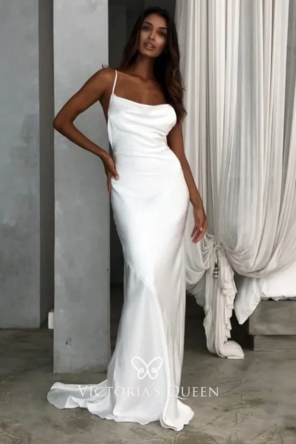 Cowl Neck Spaghetti Straps Satin Sheath Wedding Dress - VQ