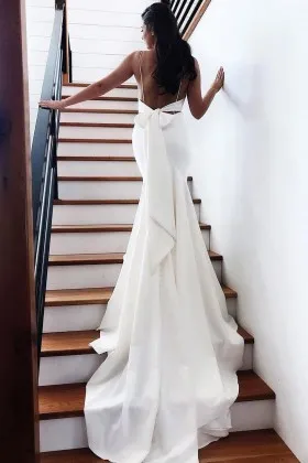 backless bow satin chapel train mermaid wedding dress
