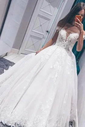 off shoulder plunging neck lace tulle wedding ball gown