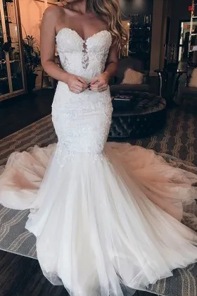 strapless sweetheart lace tulle mermaid wedding dress
