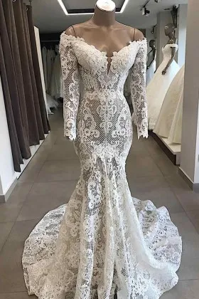 sheer lace off shoulder long sleeve mermaid bridal gown