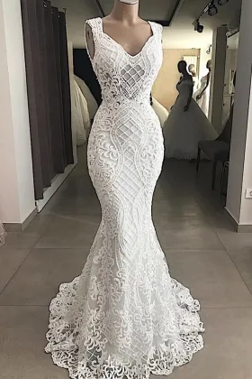 intricate lattice lace sleeveless mermaid wedding dress