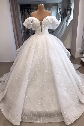 sequins beads embellished ruffled off shoulder wedding ball gown