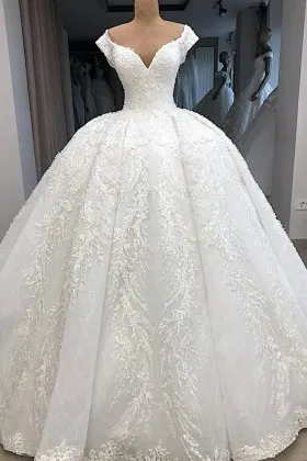 off shoulder cap sleeve lace princess wedding ball gown