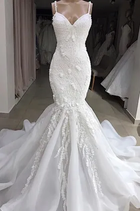 pearls petals embellished V neck mermaid wedding gown