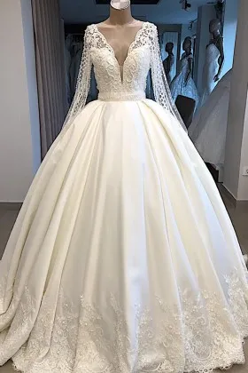 Illusion Long Sleeves Lace & Satin Modest Wedding Dress - VQ