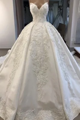 beaded lace satin strapless V neck bridal ballgown
