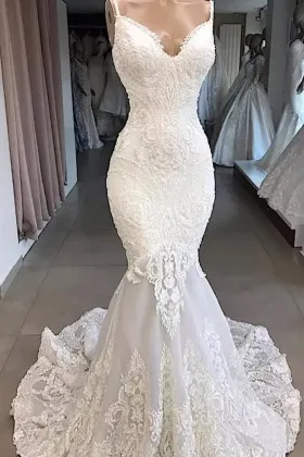 V neck with straps lace mermaid modern wedding dress