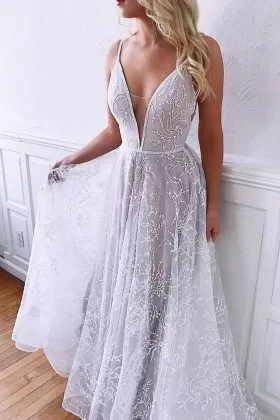 unique grey lining lace plunging V neck wedding dress