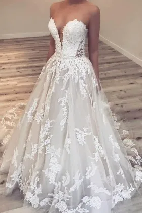 Strapless Ivory Delicate Sleeveless Lace Bridal Gown