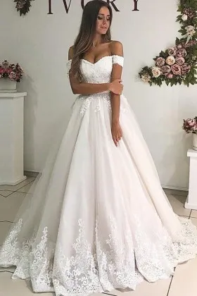 off the shoulder V neck lace tulle designer wedding dress