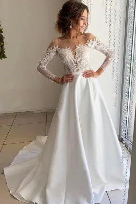 illusion lace sleeved bodice glossy satin wedding dress