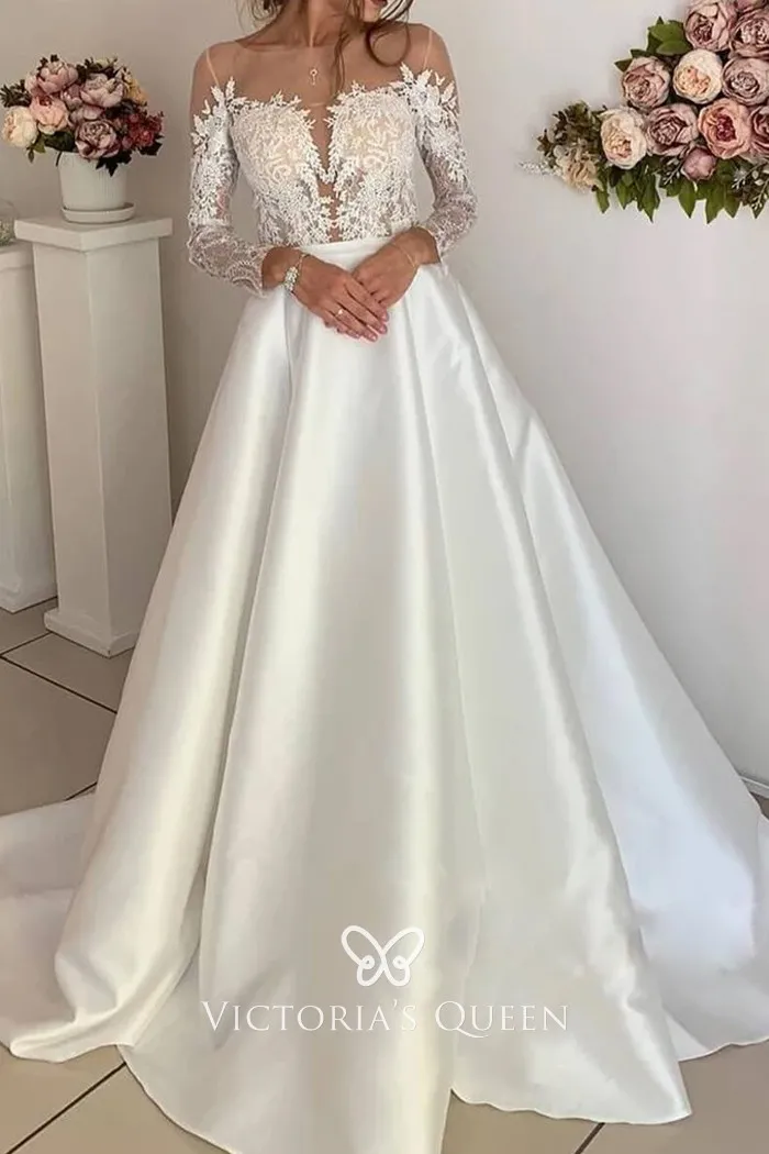 WELLINGTON Embroidered Long Sleeve Satin illusion plunge v-neck A-line  Wedding Dress