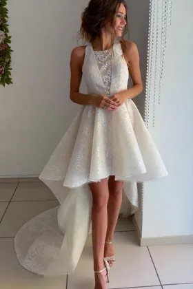 high low special lace halter neck cute wedding dress