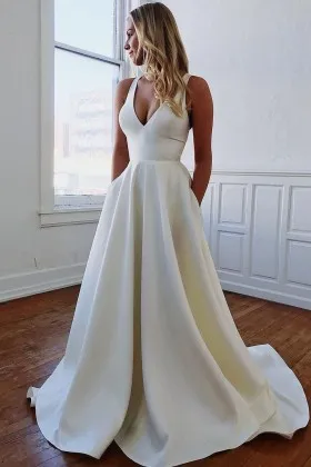 deep V neck sleeveless ivory satin simple wedding dress