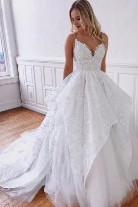lace tulle spaghetti straps modern wedding gown