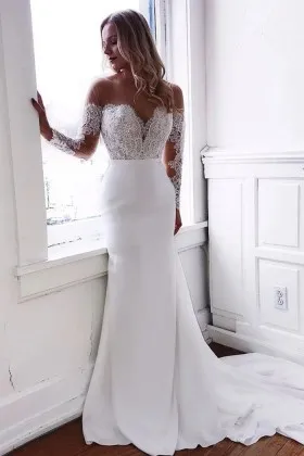 scalloped lace off the shoulder long sleeve bridal gown