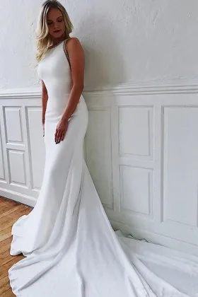 beaded jewel neck white spandex mermaid wedding dress