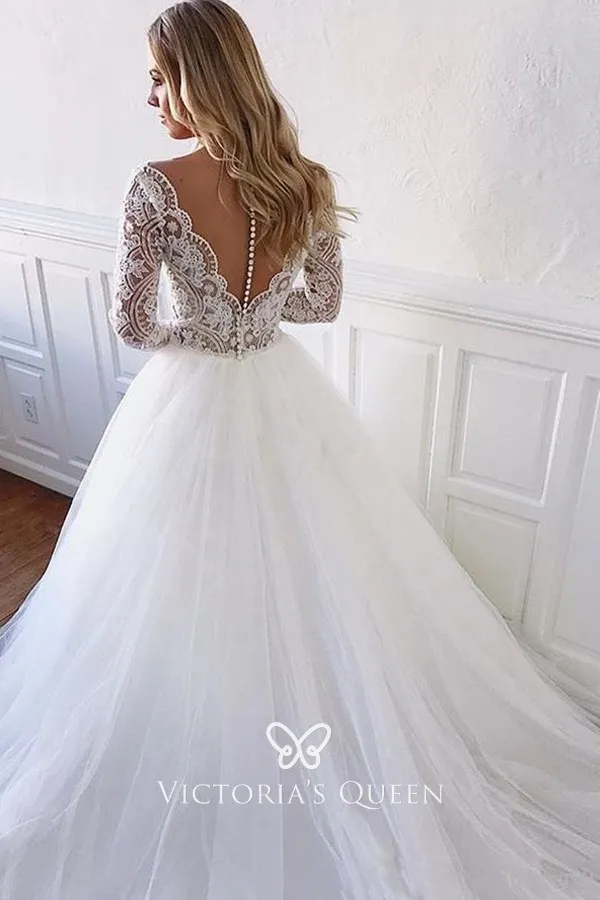 Tulle Long Sleeve V Neck Wedding Dress 