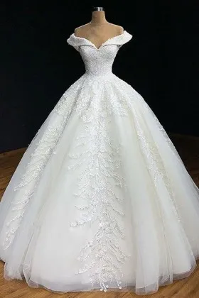 folded off the shoulder lace tulle wedding ball gown