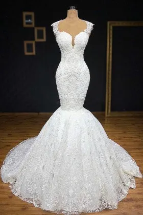 Unique Cap Sleeve Ivory Lace Trumpet Wedding Dress