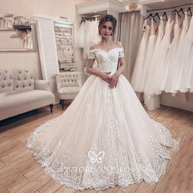 Romantic Lace Off-the-shoulder Ball Gown Wedding Dress - VQ