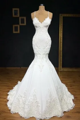 body hugging mermaid lace V neck modern long wedding gown