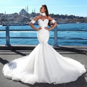 unique separated high neck short sleeve wedding dress
