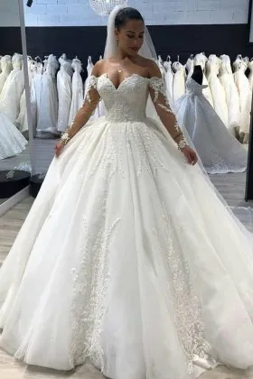 off the shoulder sweetheart long sleeve wedding ball gown
