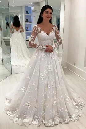 floral lace illusion long sleeve trending wedding dress