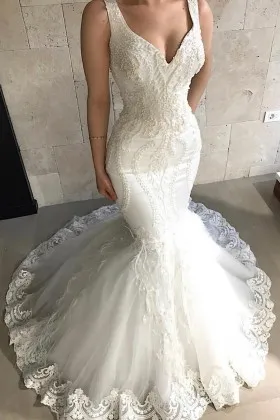 3D lace body hugging mermaid wide strap wedding dress
